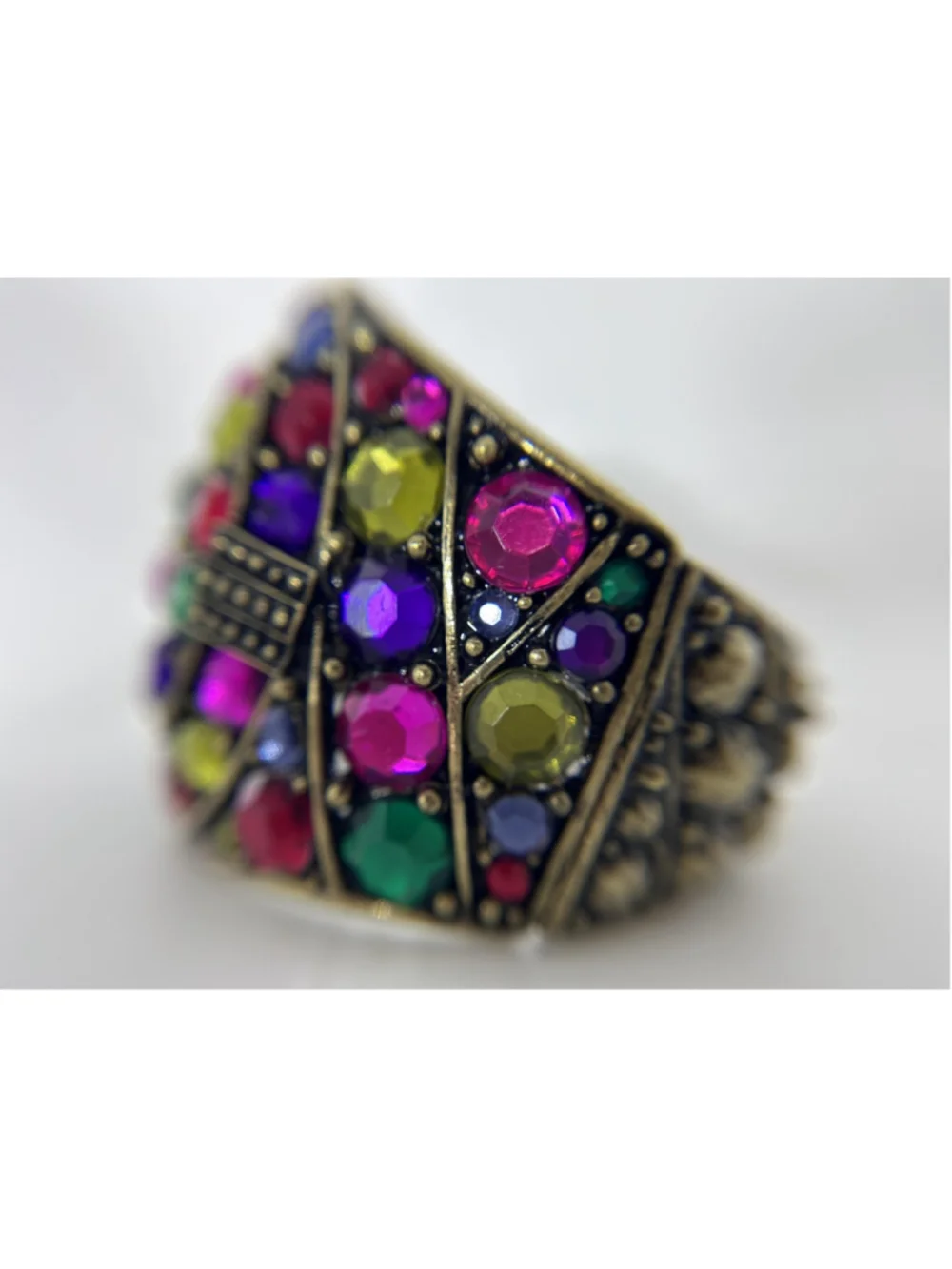 Bracelet Bronze Tone Multicolor Cuff Bohemian Rhinestone Glass Push Lock
